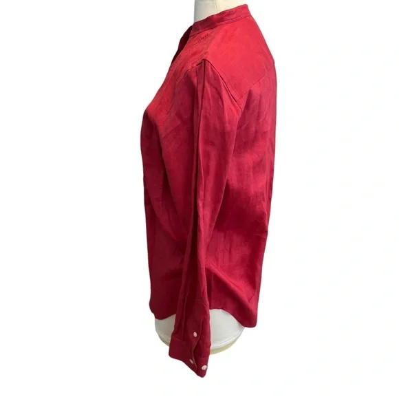 Lauren Ralph Lauren Top Womens Sz Medium Red Linen Pleated Button Up Long Sleeve - Picture 3 of 5